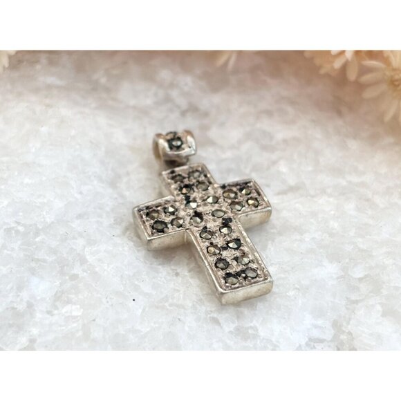 Cross Shaped Marcasite Accented Geometric Sterling Silver 925 Vintage Pendant - Picture 9 of 9